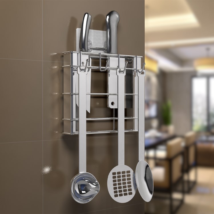 刀架不锈钢免打孔多功能厨房置物架 强力无痕粘贴刀勺收纳壁挂架|ms