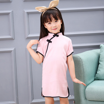 儿童棉麻旗袍 清凉夏天短袖唐装 中式民族风幼儿园演出服
