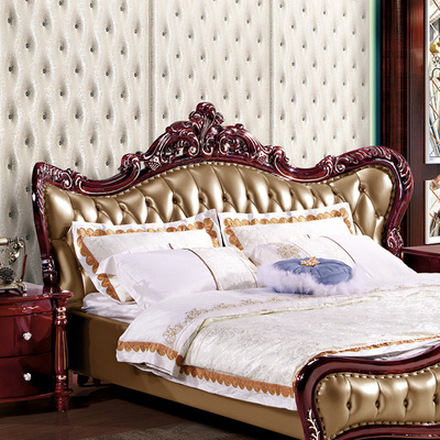 Dyer furniture European style genuine leather Soft bed 1.8 American style solid wood Carved Gallows software Marriage bed 7802 Leather bed