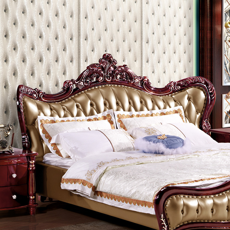 Dyer furniture European style genuine leather Soft bed 1.8 American style solid wood Carved Gallows software Marriage bed 7802 Leather bed