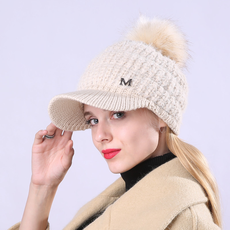 Korean version of women's autumn winter new plush and thickened warm duckbill with M large woolen ball knitted yarn hat_voghion.com