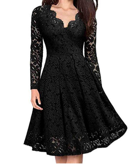 Women's A-line Skirt Casual V Neck Lace Long Sleeve Solid Color Midi Dress Street display picture 1