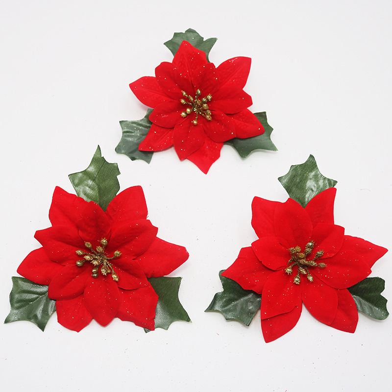 新款红色圣诞花 圣诞树装饰挂件圣诞花 红植绒绿叶圣诞花仿真花