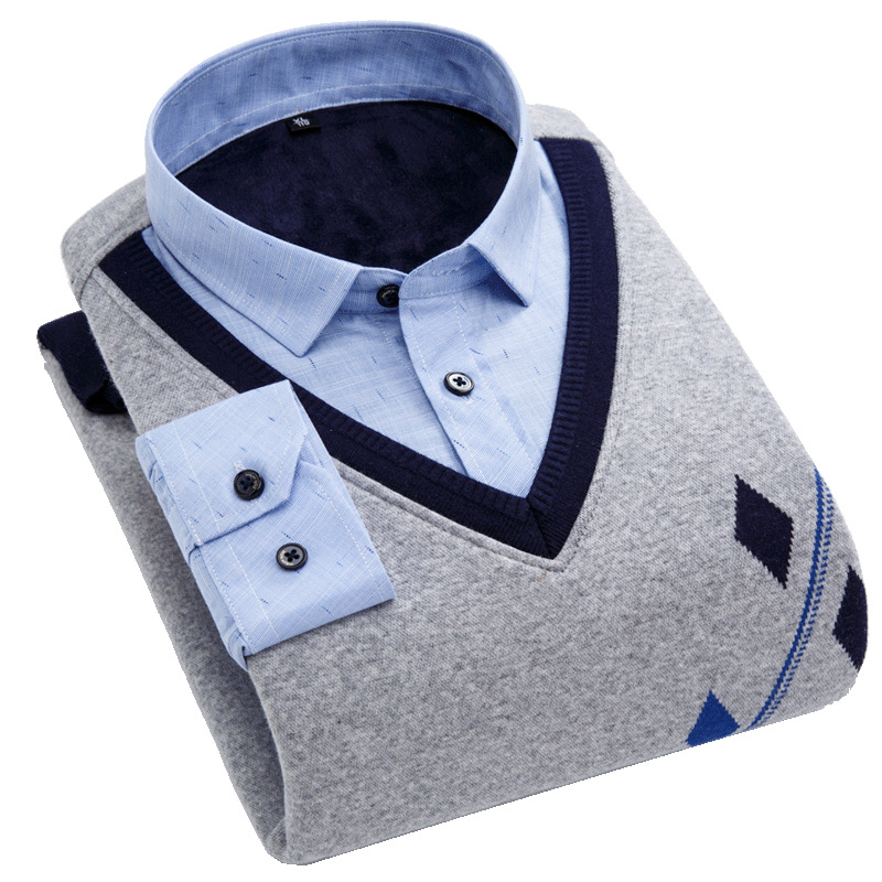 冬季新款男装长袖针织衬衫加绒提花休闲时尚衬衣加厚保暖打底衫潮|ru