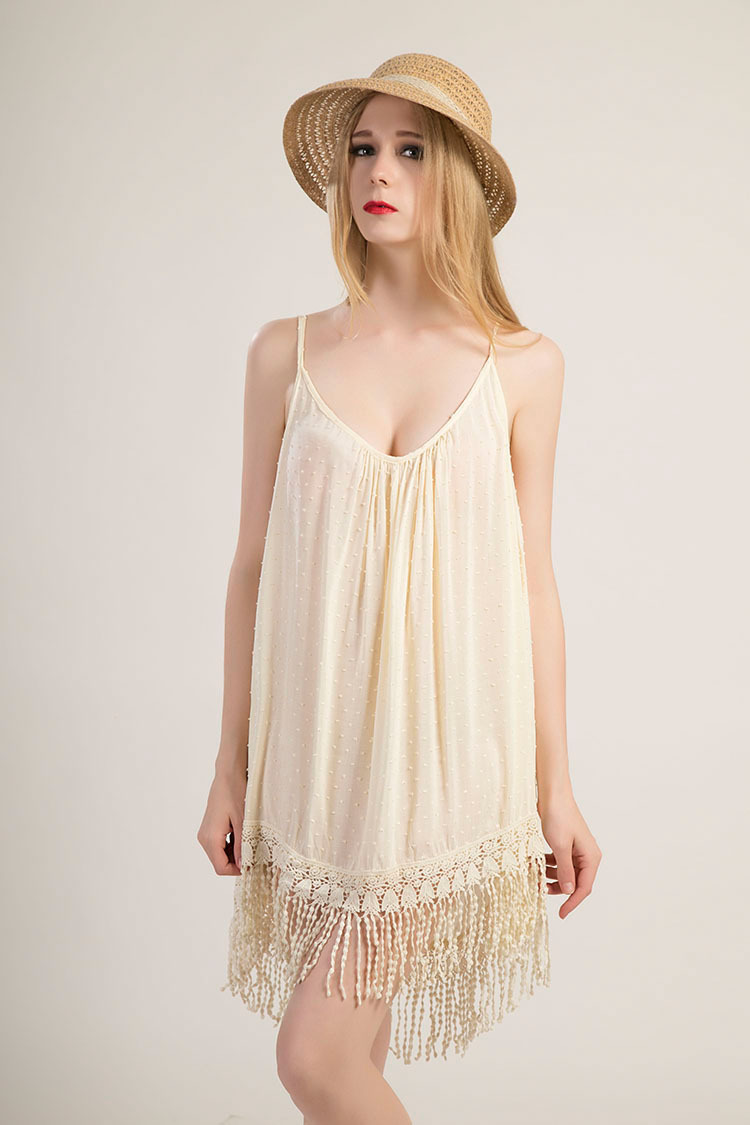 Cotton Lace Trimmed Tassel Dress Womens Sleeveless Beach Dress Lightweight Comfortable Summer Wear Wholesale