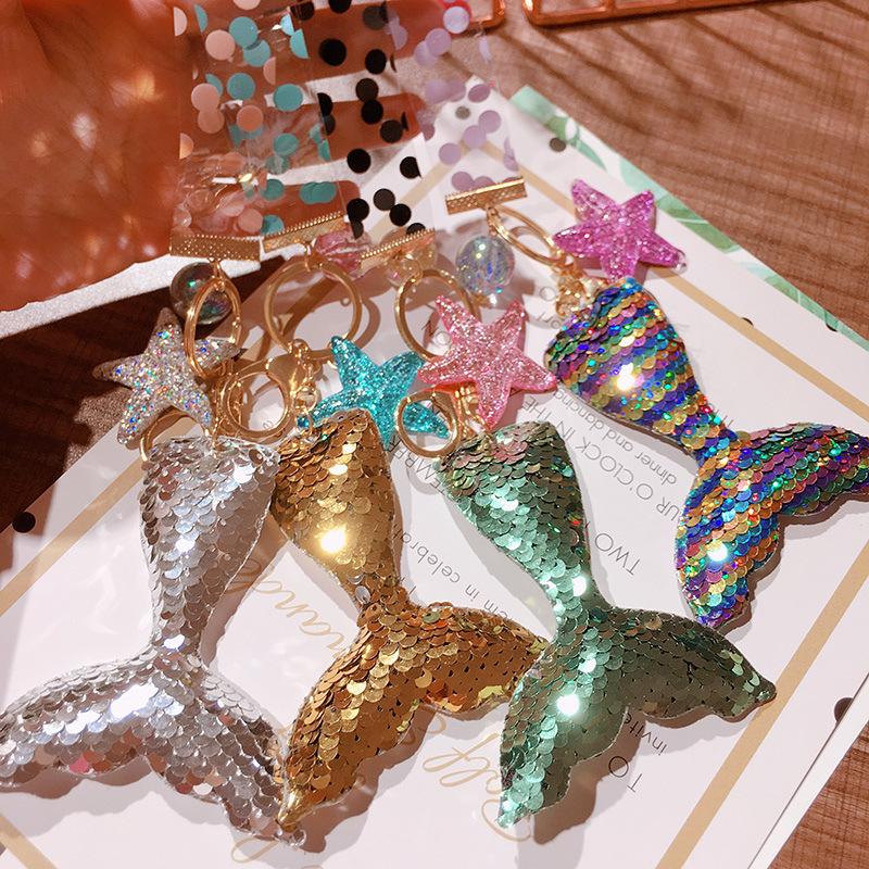 HD0610A08人鱼恋 韩国时尚彩色亮片美人鱼尾巴海星钥匙圈扣挂件礼|ms