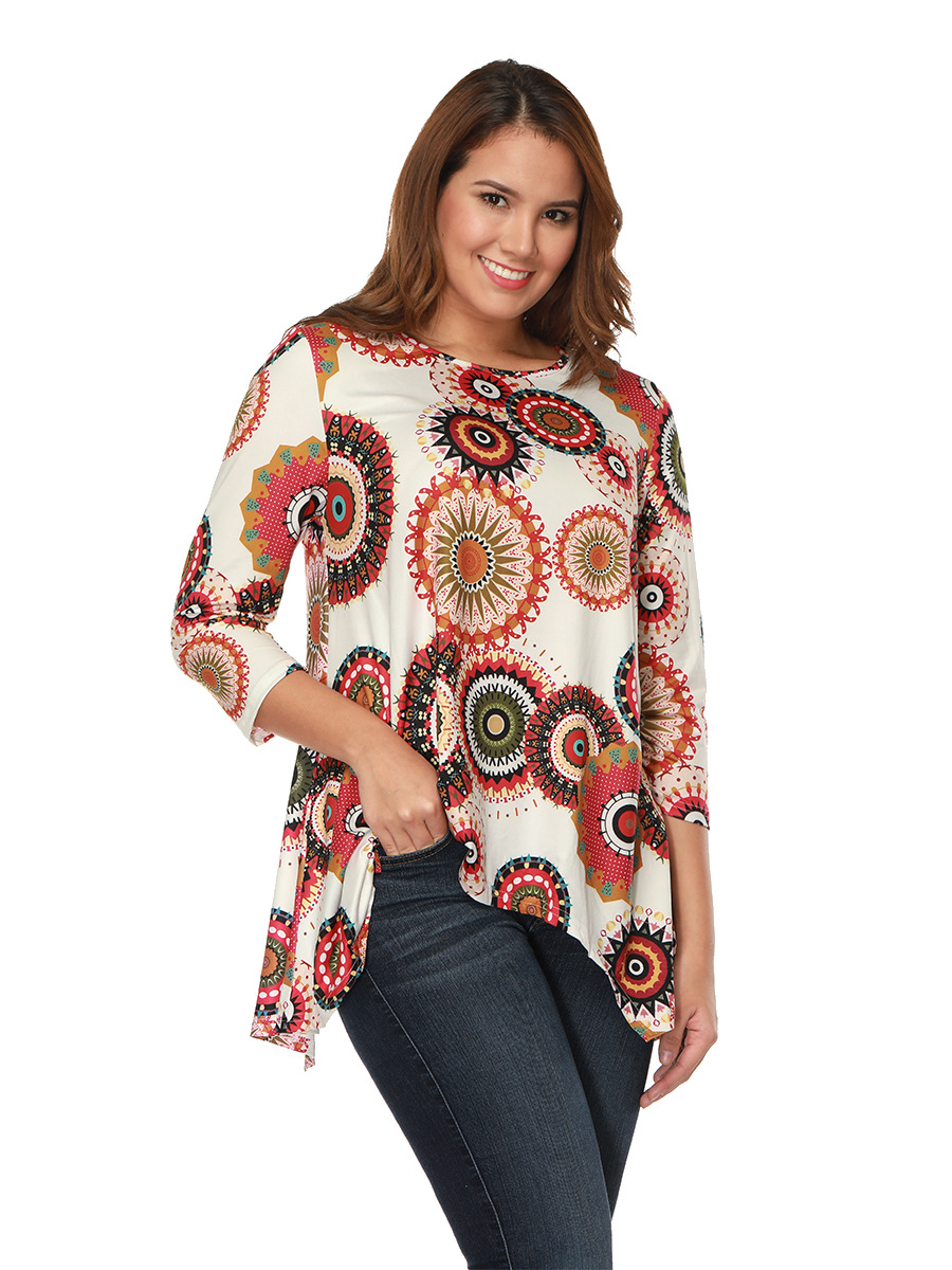 Fall Floral Print Top Polka Dot Round Neck Asymmetrical Design Casual Wear Wholesale Available
