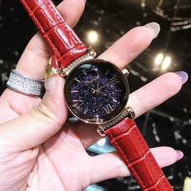 蒂米妮新款女款皮表带优雅大气腕表大红色个性时尚星空面女士手表