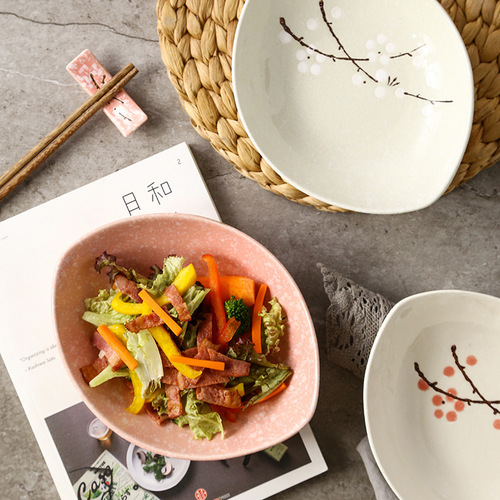 Creative Japanese plum blossom hand-painted underglaze ceramic tableware home oval rice plate salad olive boat plate