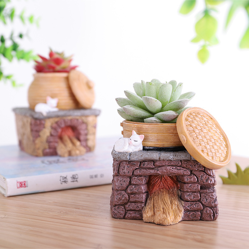 Chậu Cây Resin Chậu cây resin hình bếp nông trại vintage, chậu mọng nước mini DIY, trang trí nhà và sân vườn (RG-269)