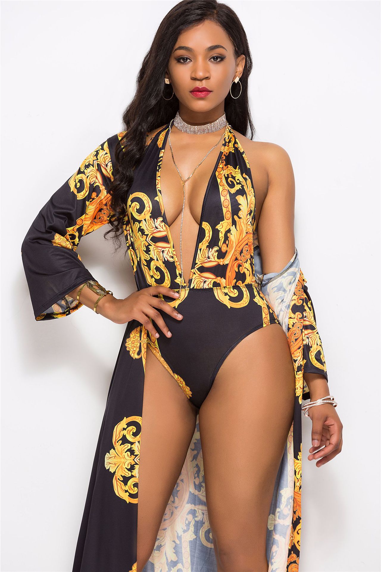 golden printed V neck one-piece swimsuit & cloak set NSLM44335