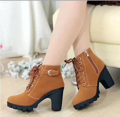 Autumn And Winter High Heels Women's Boots Cross Strap Short Boots Thick Heels Martin Boots Leather Boots