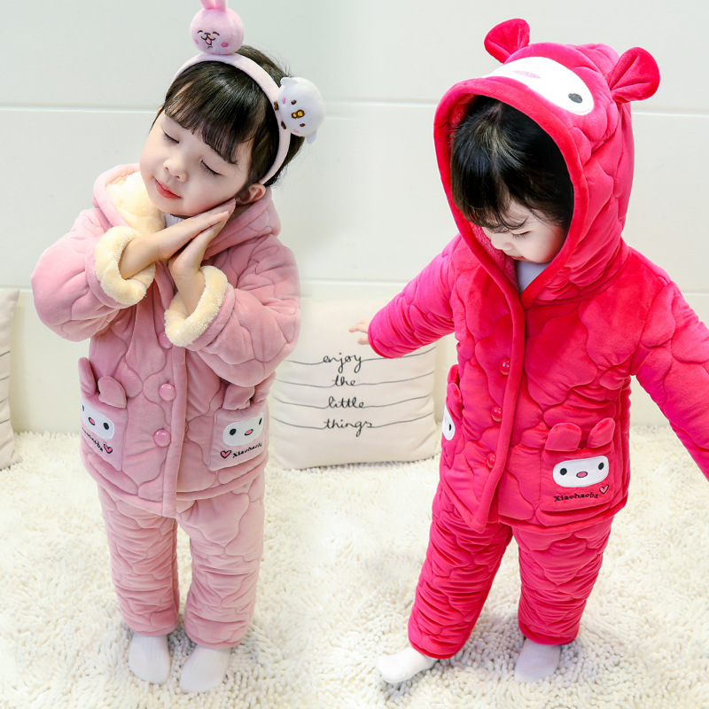 2018新款兒童夾棉睡衣冬季加厚款法蘭絨女童水晶絨家居服卡通套裝