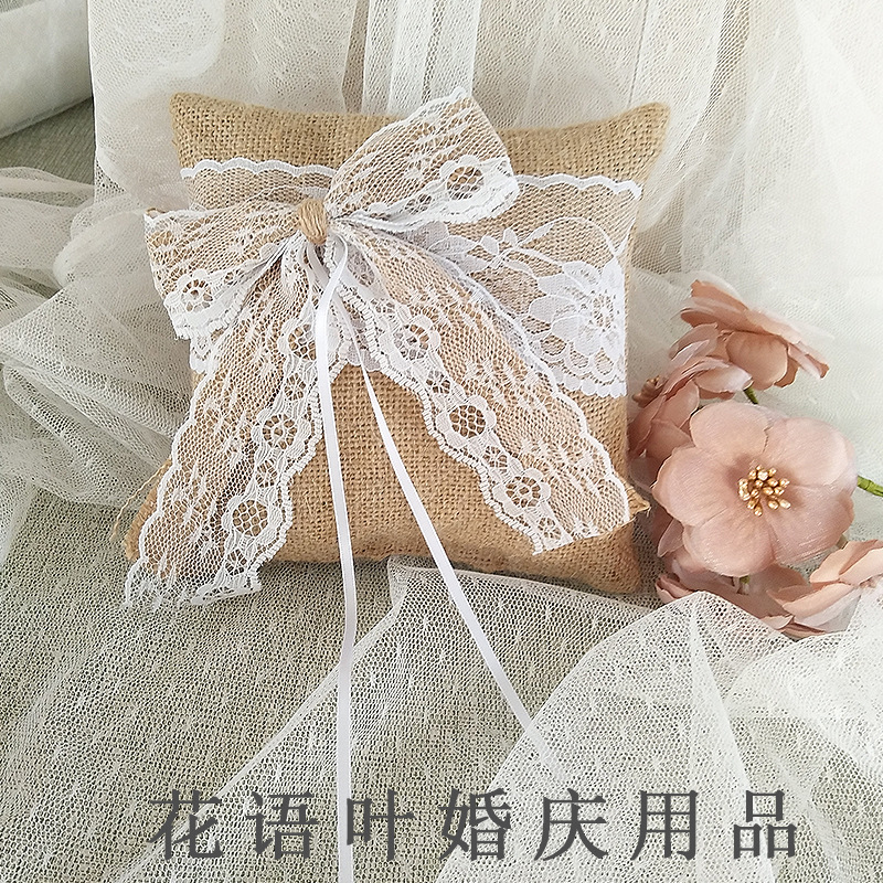 批发婚庆用品 精致麻布 蕾丝花边 麻布欧式戒枕M015
