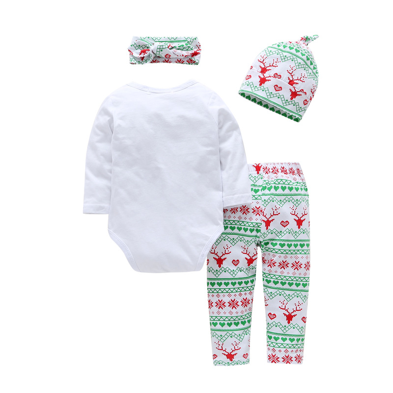 Christmas Letter Romper  Elk Print Pants  Hat  Bandana Four-piece Suit display picture 2