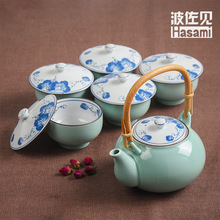 西海波佐见烧日本进口绿釉提梁茶具简约纯色高端礼品茶壶礼盒套装