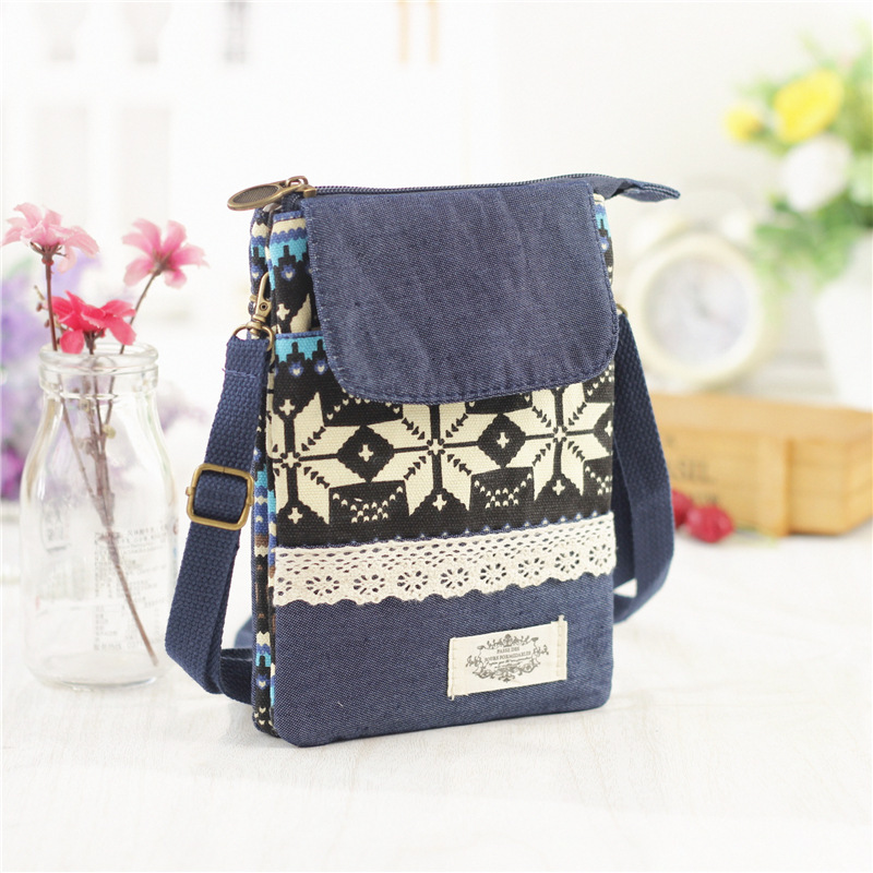 Ethnic Style Large Screen Cotton 5-Layer Diagonal Phone Bag Girls Cross-Body Bag Carry-On Bag