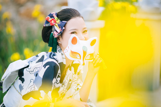 Japanese kimono female lovely cat black and white kimono