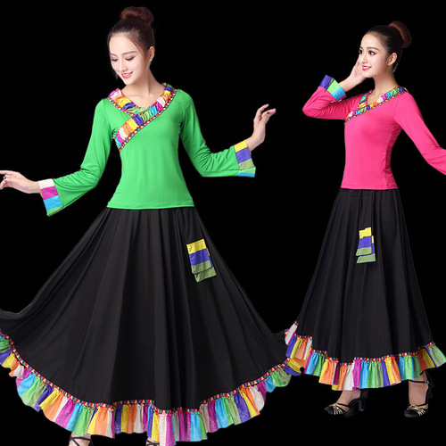 Ladies' Square Dance Costume Adult Set 2018 New Short Sleeve V-Neck Slimming Mother Summer Dress Two-Piece Set