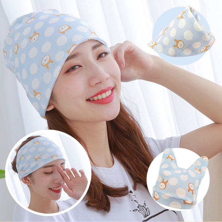 小熊小兔親子四件套純棉精梳月子帽産婦頭巾新生兒寶寶帽春夏薄款