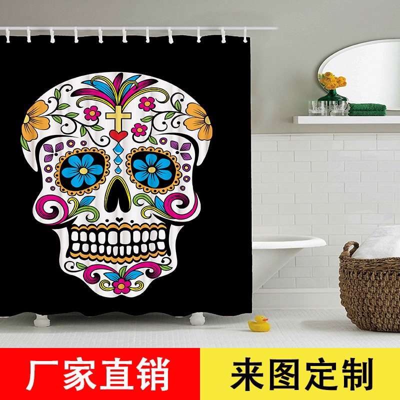 万圣节印花浴帘 黑底骷髅头3D数码印花防水浴帘爆款 浴帘厂家定制