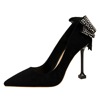 Korean sexy nightclub thin heel super high heel suede shallow mouth pointed back diamond bow women’s single shoe