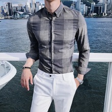 潮牌长袖衬衫男新款韩版青年修身英伦男士格子商务休闲品质衬衣男
