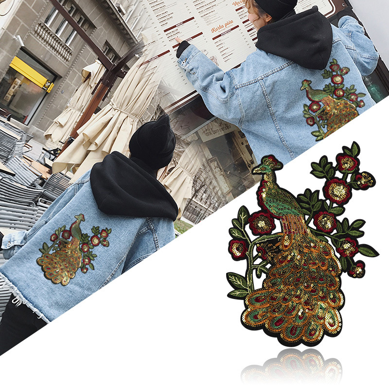 服装辅料大号孔雀布贴旗袍装饰贴高档好质量时尚百搭刺绣贴花批发