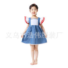 欧美外贸精品两层飞袖牛仔布女童裙批发 甜美舒适女孩夏季连衣裙