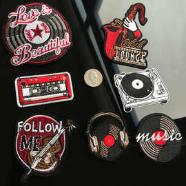 唱片机老CD录音带光碟小提琴萨克斯耳麦耳机听音乐背胶刺绣布贴