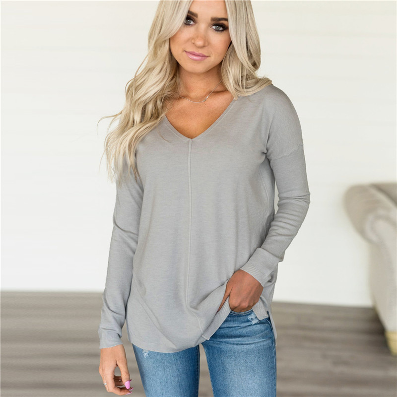 Pure Color V-neck Knitted Casual Sweater   NSGE37728