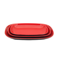 Factory-direct melamine imitation porcelain tableware: plastic rectangular plates, wholesale chow fun trays, and two-tone dish sets for hotels.