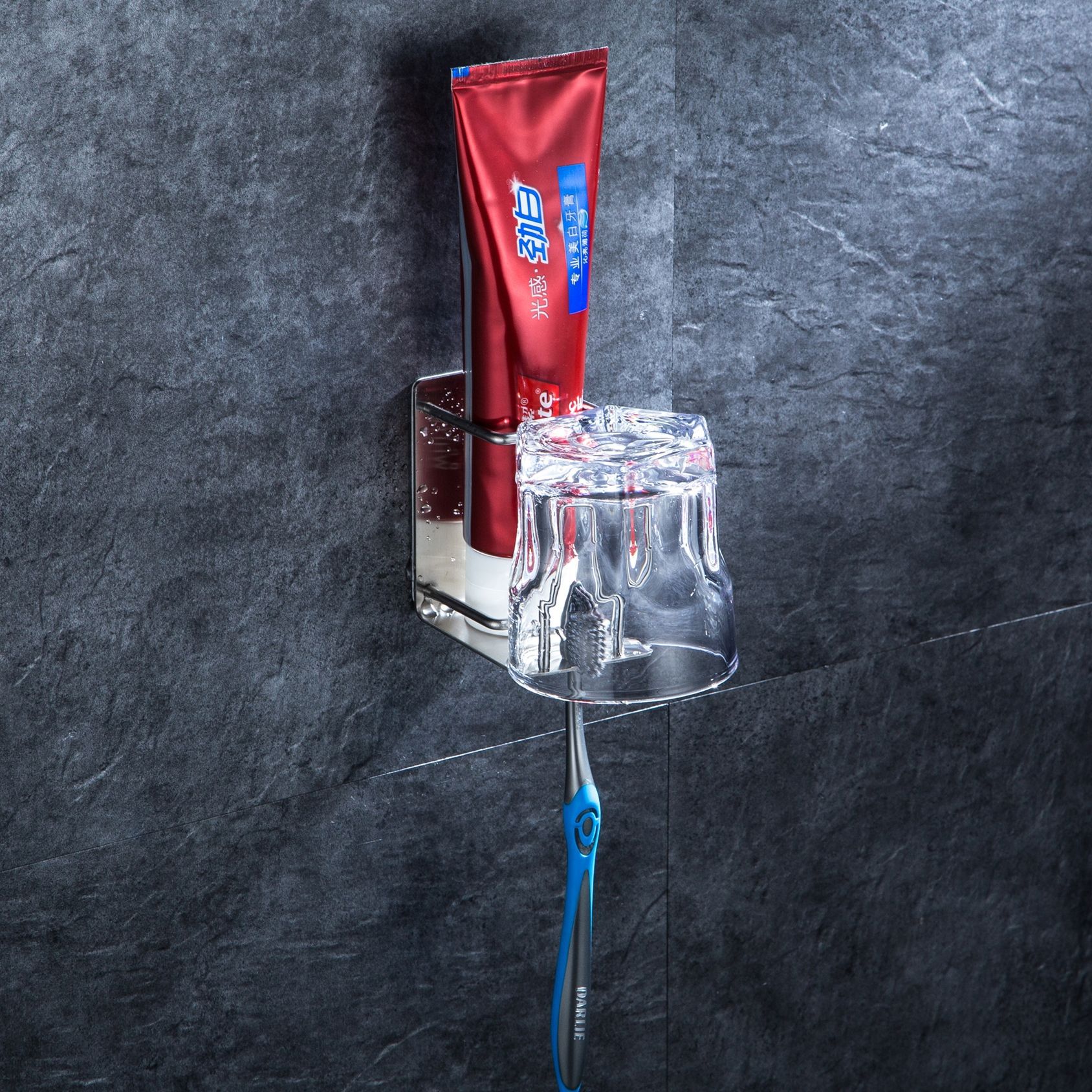 免打孔304不锈钢强力粘胶卫生间洗漱台牙刷牙膏杯架