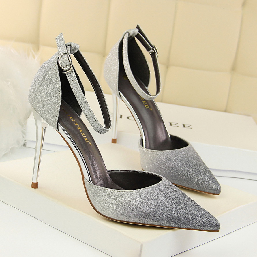 283-7 Korean Style High Heel Stiletto Shallow Pointed Toe Shiny Gradient Color Block Hollow Strap Sandals_vogvips.com