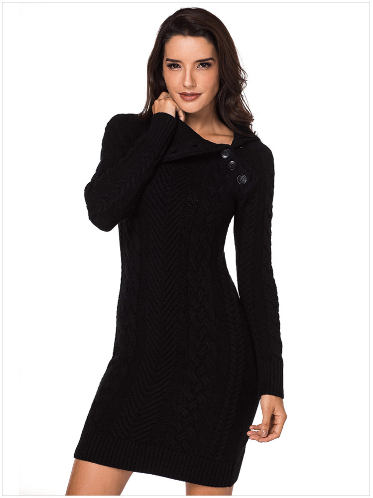 solid color lapel long-sleeved rib knit sweater dress nihaostyles wholesale clothing NSQSY85554