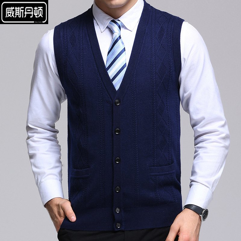 2019春季男士V领针织背心羊毛开衫马甲中年休闲男式无袖提花薄款|ms