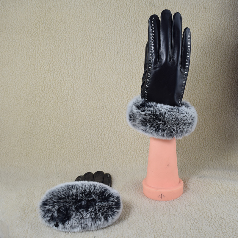 河北真皮手套女冬加绒分指 触屏真皮兔毛口双线手工羊皮户外手套