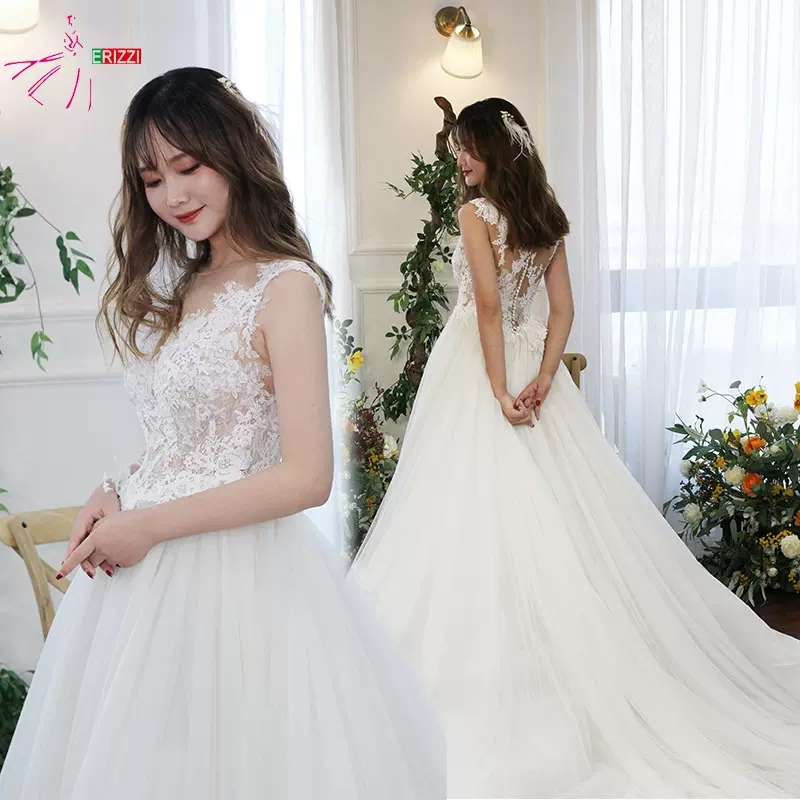 2021新款大A摆蕾丝钉珠露背大拖尾婚纱  法国欧美外贸婚纱厂定做