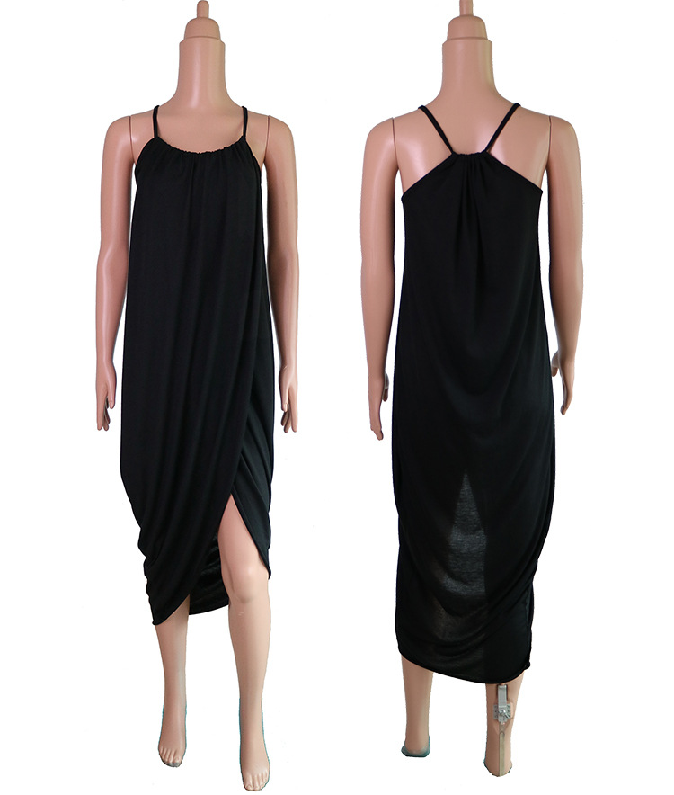 Fashionable Irregular Hem Maxi Dress Sexy Spaghetti Straps Loose Fit Solid Color Perfect for Summer Events
