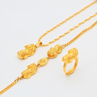越南沙金貔貅三件套 黄铜镀金饰品貔貅三件套女 貔貅戒指手链吊坠|ru
