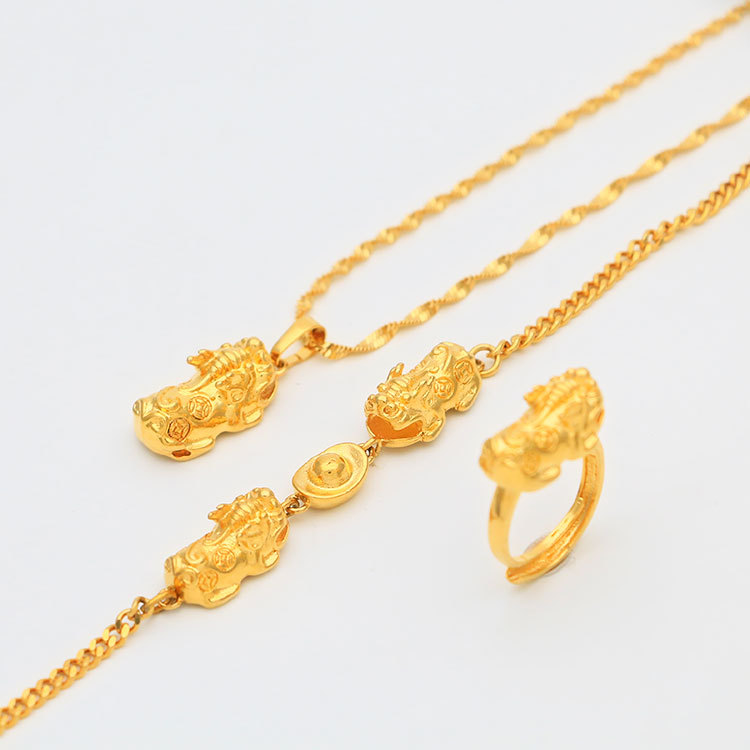 越南沙金貔貅三件套 黄铜镀金饰品貔貅三件套女 貔貅戒指手链吊坠|ru
