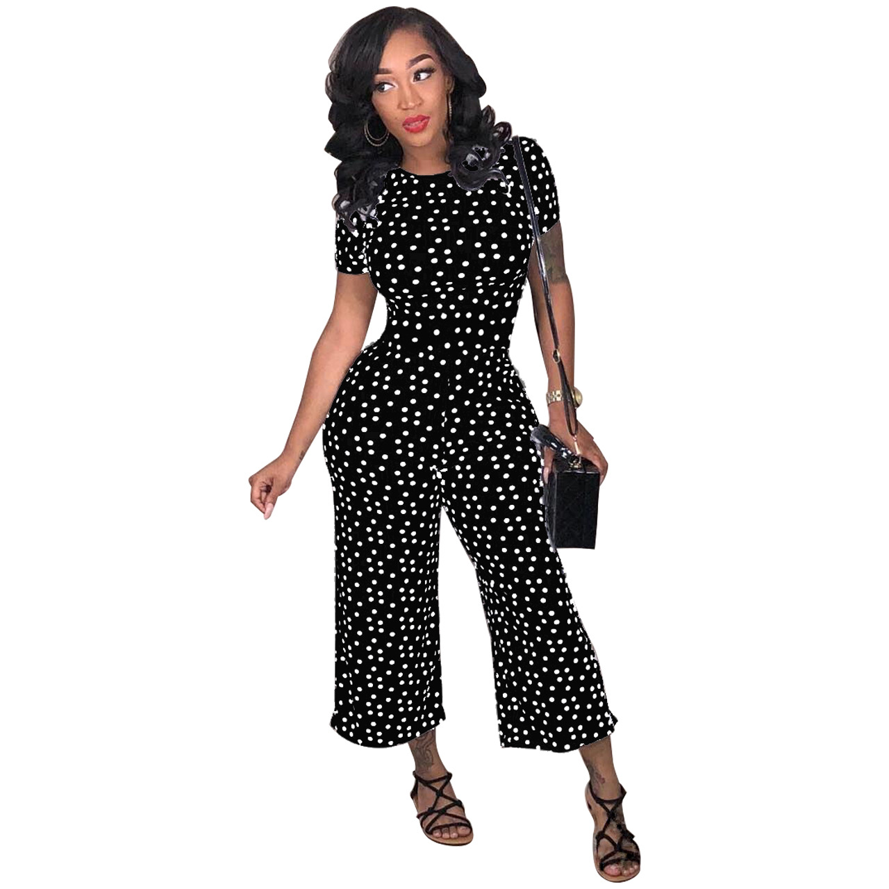 Classic Sexy Polka Dot Round Neck Wide Leg Cropped Pants
