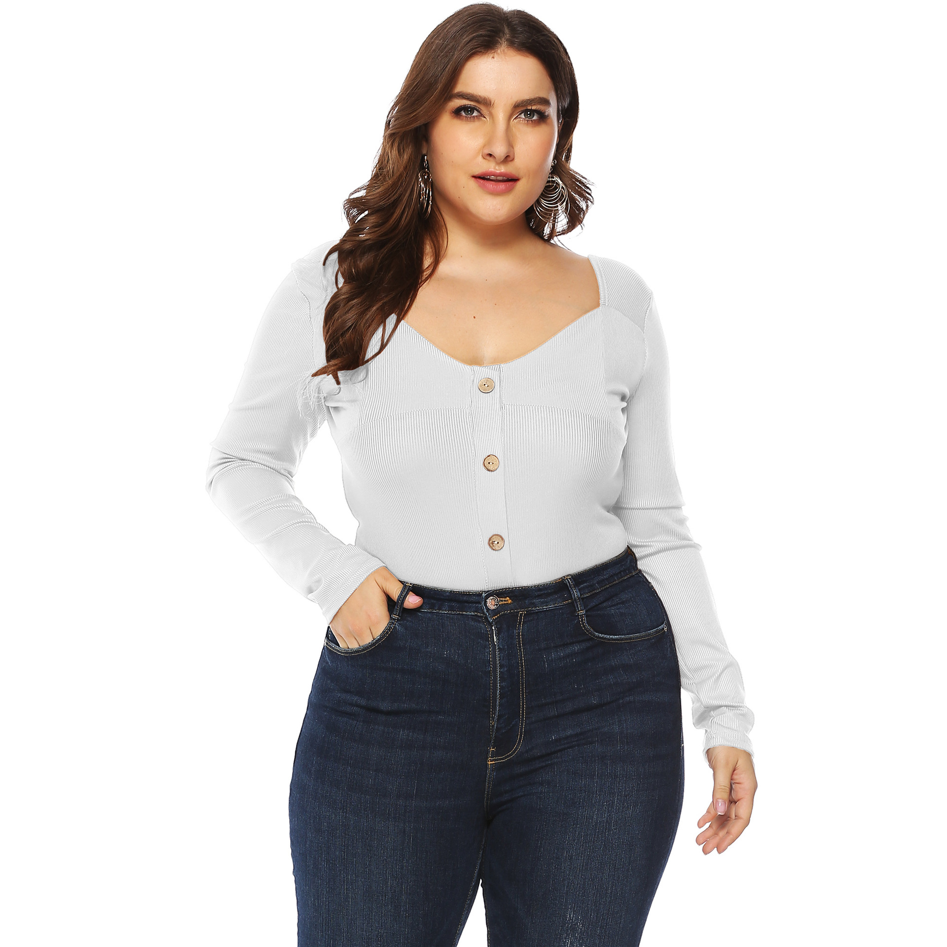 Plus size V-neck button front bodysuit NSOY46001