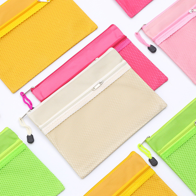 Double-layer File Bag Oxford Canvas Transparent Information Bag Office Supplies Student Multi-layer Test Paper Storage Zipper Pencil Bag