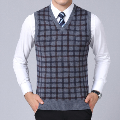 2018 winter Wool vest middle age man Versatile Socket thickening Small lattice Knit vest Explosive money