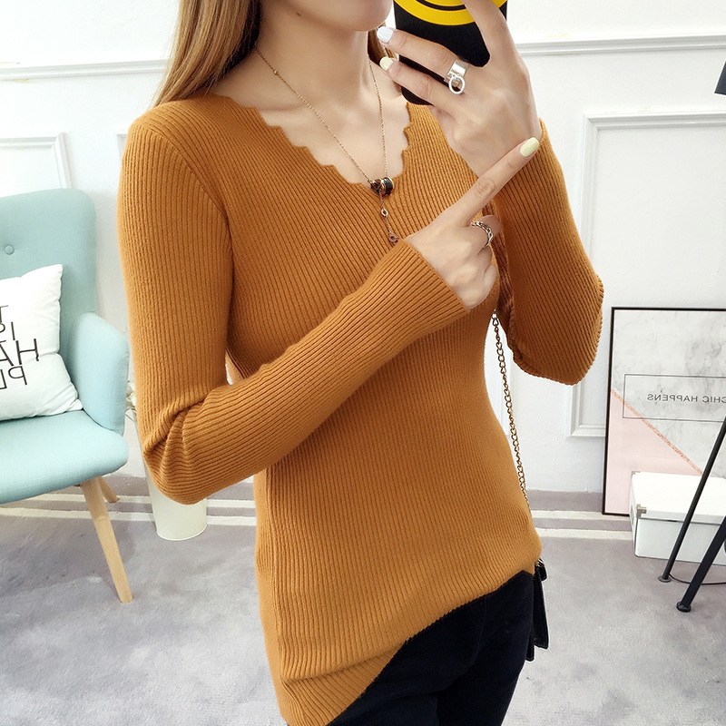 2018套头V领毛衣女秋冬新款长袖打底针织衫韩版修身百搭上衣代发