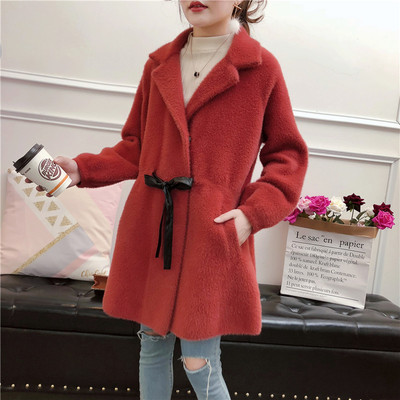 2018 Korean Edition Ladies sweater belt Hooded knitting Cardigan Mink cashmere thickening overcoat Mid length version wholesale