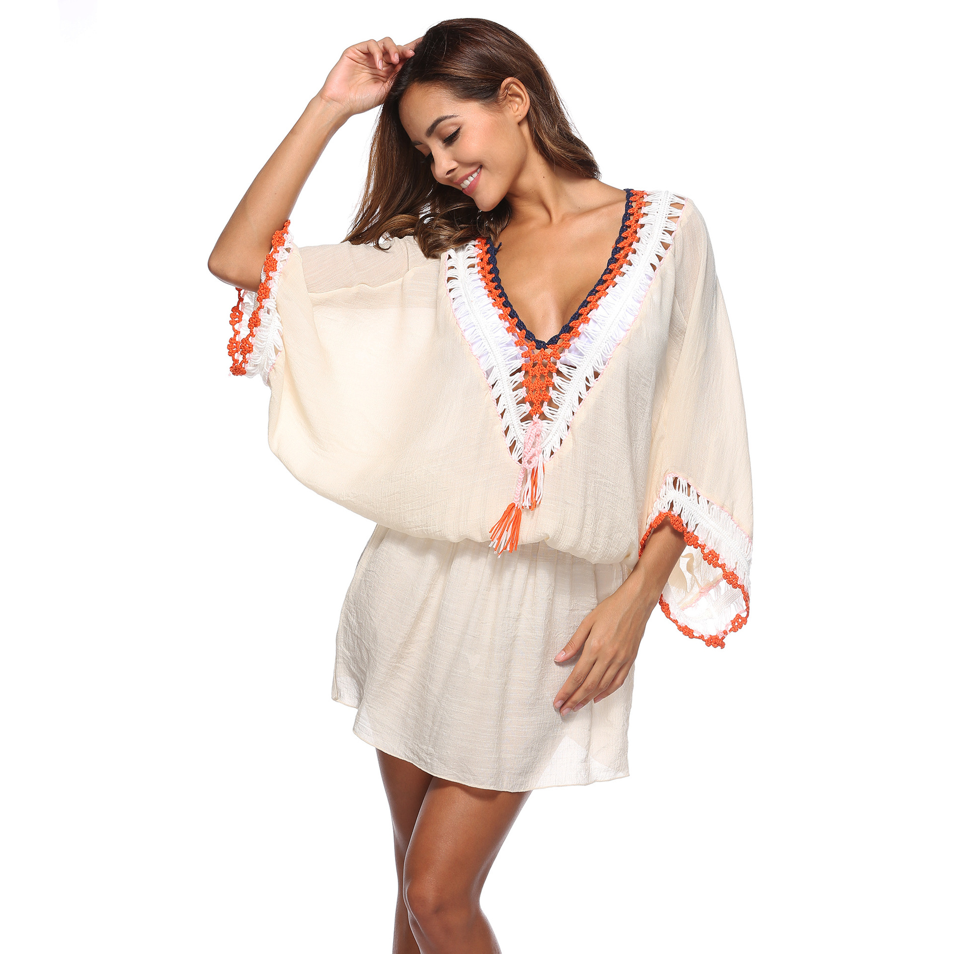 Hand Crocheted Beach Dress V Neck Batwing Sleeves Irregular Hem Sun Protection Cover Up Wholesale Available