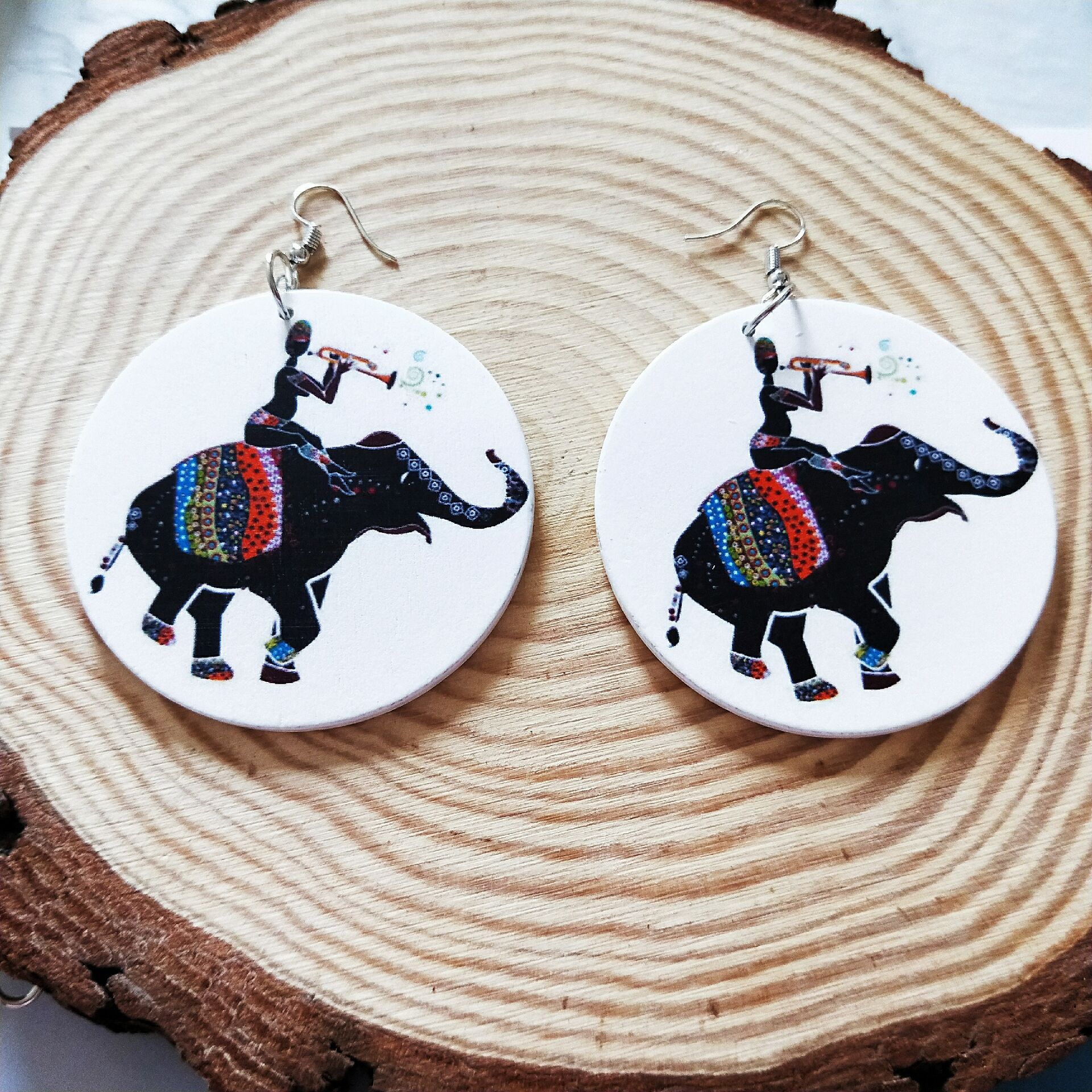 Wholesale Ethnic Printing Wooden Round Earrings display picture 5
