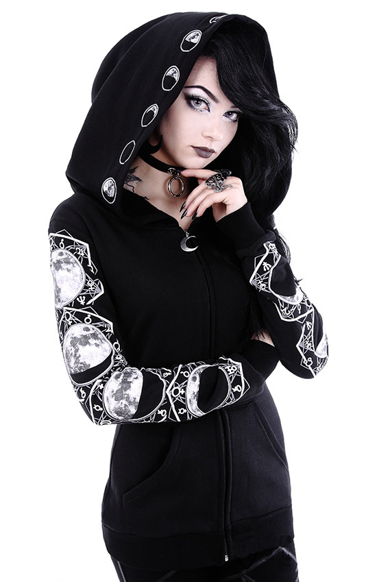 Punk Peng Hooded Moon Print Black Long Sleeve Sweatshirt_voghion.com